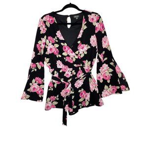 Lily Rose Black and Pink Floral Romper Belted Long‎ Bell Sleeve Medium V Neck